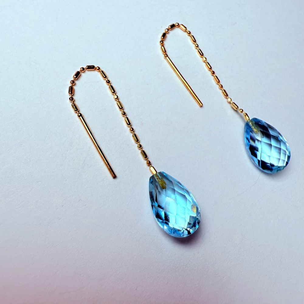 14K Yellow Gold 7 CTW Swiss Blue Topaz Faceted Pear Dangle Threader Earrings - Picture 6 of 7